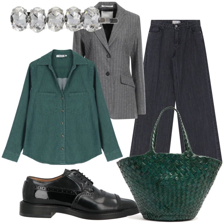 Outfit donna - Like a man but Sparkling. Stile Mannish per Ufficio. Abbinamento con blazer, scarpe stringate, camicie, jeans, shopping bag, accessori per capelli.