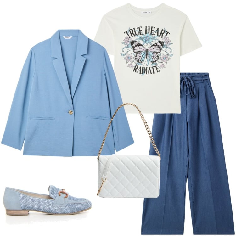 Outfit donna - Una t-shirt per amica. Stile Casual chic per Serata fuori. Abbinamento con jeans, blazer, t-shirt, borse a tracolla, mocassini.