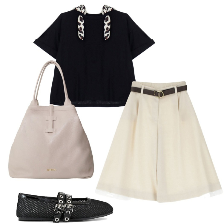 Outfit donna - Una t-shirt per amica. Stile Casual chic per Ufficio. Abbinamento con pantaloni corti, t-shirt, borse tote, ballerine.