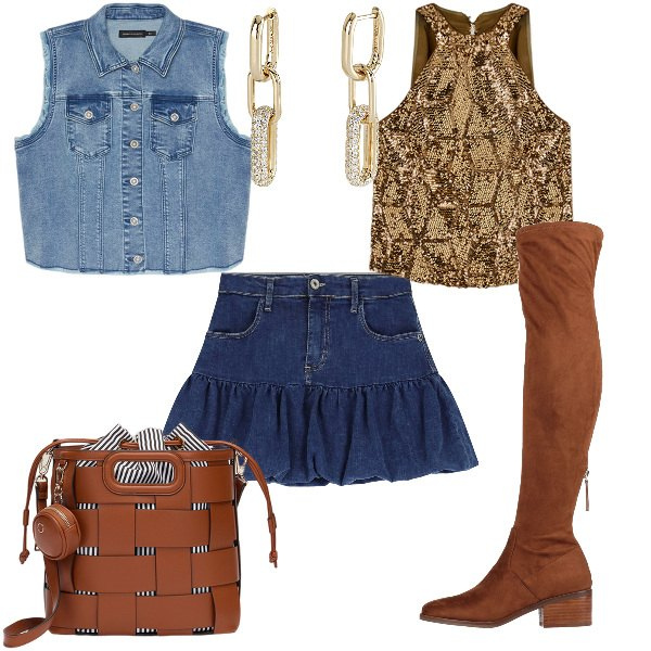 Outfit donna - Total look #2165996. Stile Sexy per Serata fuori. Abbinamento con stivali sopra il ginocchio, orecchini, minigonne, gilet, top, borse a secchiello.