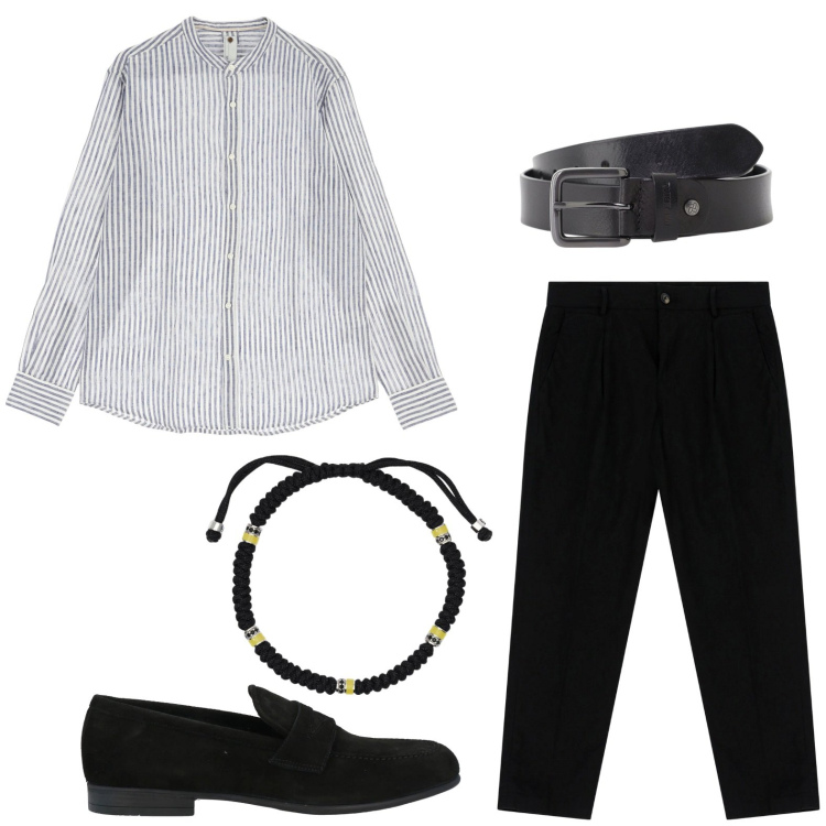 Outfit uomo - Look da terrazza serale. Stile Trendy per Serata speciale. Abbinamento con scarpe stringate, braccialetti, cinture, camicie, pantaloni chino.