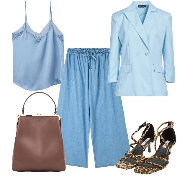 Outfit donna - Total look #2166000. Stile Casual chic per Serata fuori. Abbinamento con blazer, pantaloni a palazzo, sandali col tacco, top, borse a spalla.