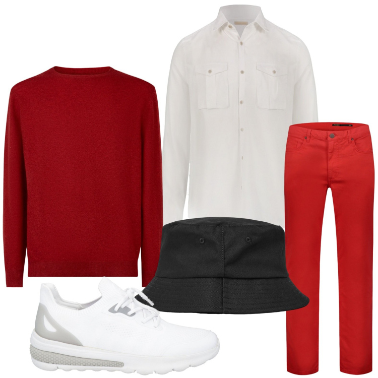 Outfit uomo - Rosso passione. Stile Trendy per Tutti i giorni. Abbinamento con sneakers, cappelli, camicie, pantaloni, maglieria.