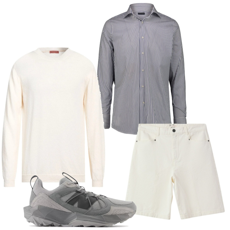 Outfit uomo - Grigio-bianco. Stile Casual per Tutti i giorni. Abbinamento con pullovers, bermuda, sneakers, camicie.