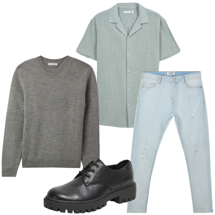 Outfit uomo - La camicia salvia. Stile Trendy per Tutti i giorni. Abbinamento con camicie a manica corta, scarpe stringate, maglieria, jeans strappati.