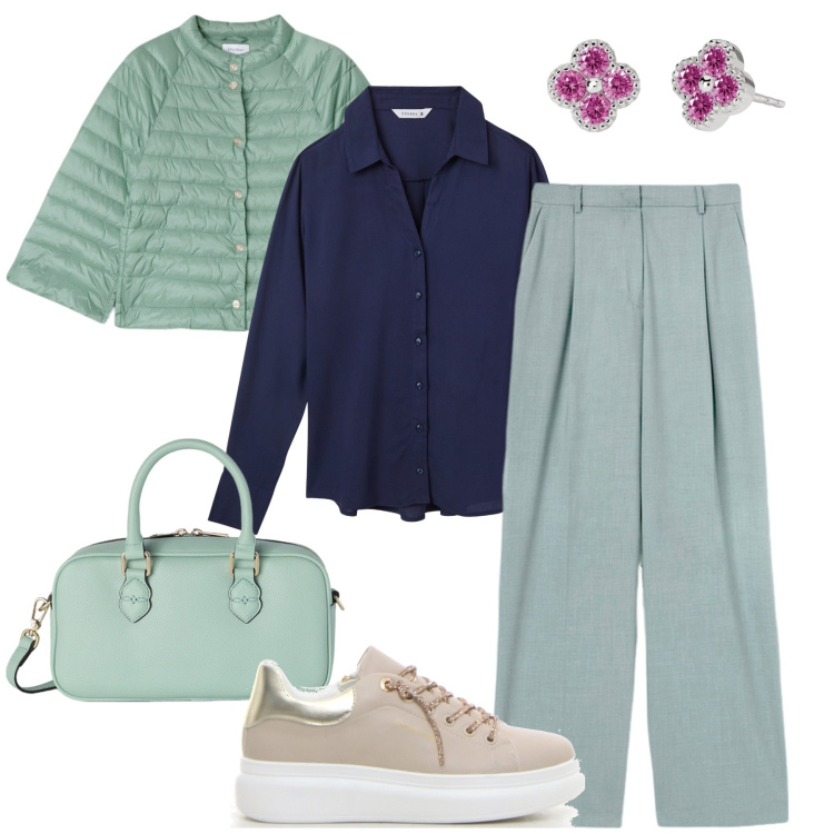 Outfit donna - Se c’è un po’ di pioggia. Stile Casual chic per Ufficio. Abbinamento con camicie, orecchini, pantaloni a palazzo, sneakers, borse a mano, cappe.