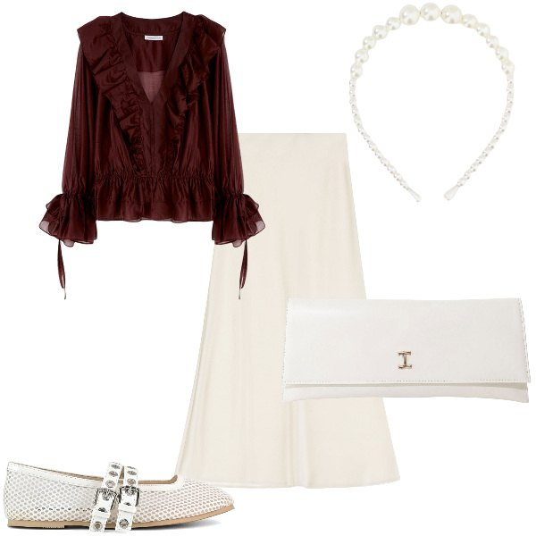 Outfit donna - Total look #2166026. Stile Chic per Serata fuori. Abbinamento con gonne lunghe, pochette, cerchietti, ballerine, bluse.