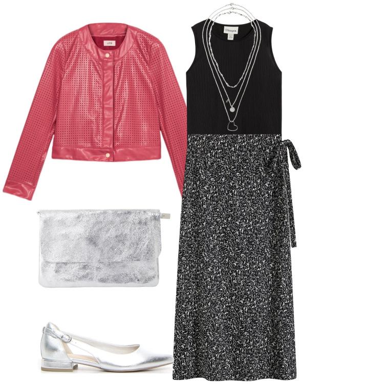 Outfit donna - Dettagli argentati. Stile Glamour per Serata fuori. Abbinamento con collane, gonne, top, borse a tracolla, giacche, ballerine.