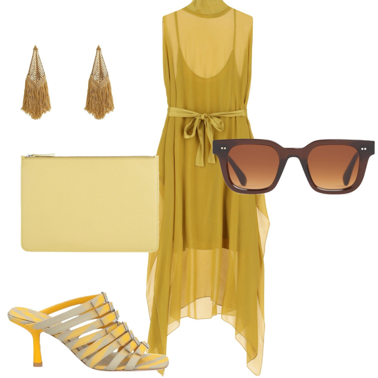 Outfit donna - Colori del sole. Stile Chic per Cerimonia. Abbinamento con orecchini, pochette, sandali col tacco, vestiti lunghi, occhiali da sole.