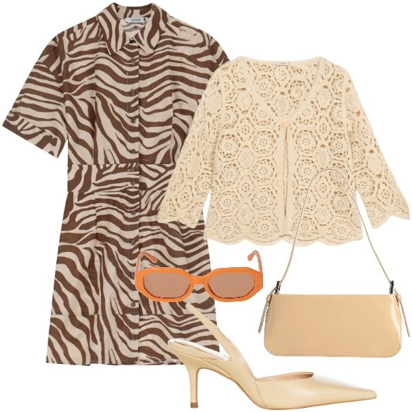 Outfit donna - Jungle city. Stile Etnico per Ufficio. Abbinamento con borse a spalla, décolleté, vestiti corti, cardigans, occhiali da sole.