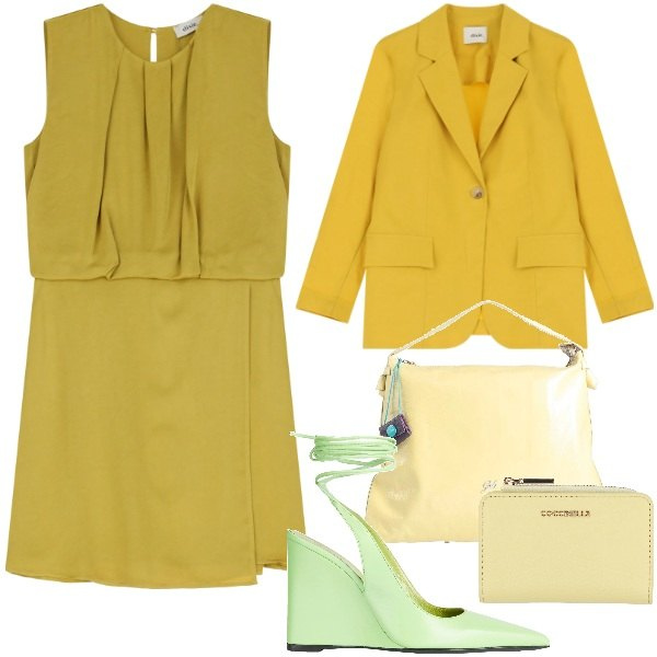 Outfit donna - Dal senape al curry. Stile Trendy per Ufficio. Abbinamento con décolleté, borse a mano, portafogli, vestiti corti, blazer.