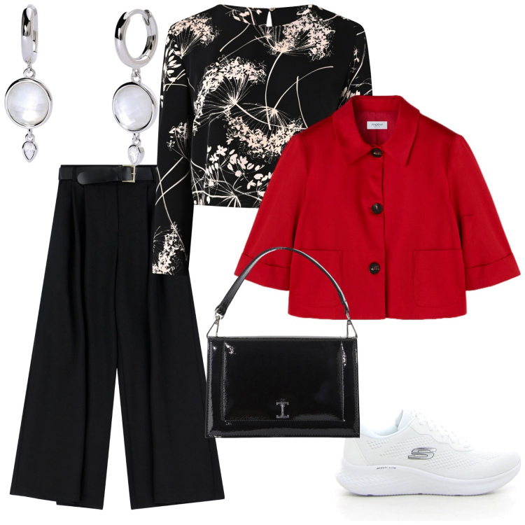 Outfit donna - A lavoro. per Ufficio. Abbinamento con orecchini, bluse, borse a tracolla, pantaloni a palazzo, sneakers, blazer.