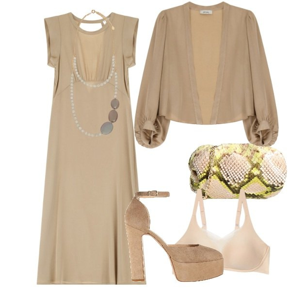 Outfit donna - Invitata perfetta. Stile Chic per Cerimonia. Abbinamento con décolleté, borse a tracolla, vestiti midi/longuette, gilet, reggiseni, collane.