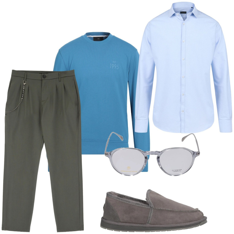 Outfit uomo - Pantaloni grigio sasso. Stile Casual per Ufficio. Abbinamento con felpe, scarpe stringate, pantaloni, camicie, occhiali da sole.