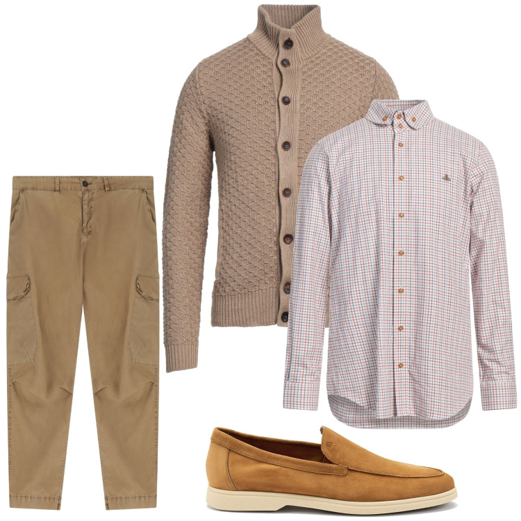 Outfit uomo - Colori neutri. Stile Trendy per Ufficio. Abbinamento con cardigans, camicie, pantaloni cargo, scarpe stringate.