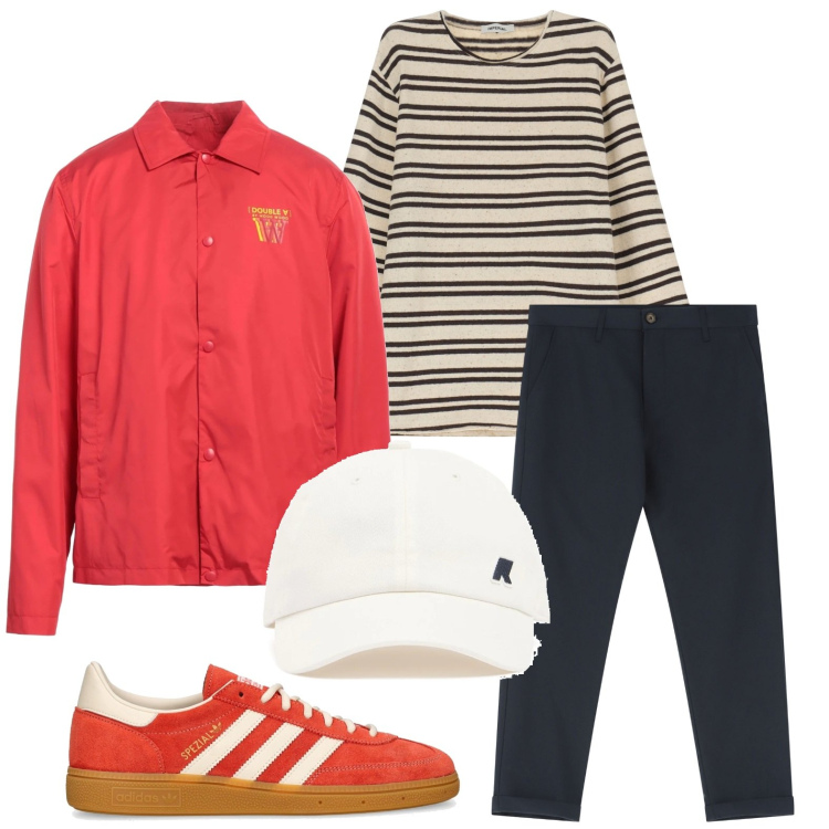 Outfit uomo - Effetto marines. Stile Trendy per Tutti i giorni. Abbinamento con giacche, pantaloni chino, felpe, sneakers, cappelli.