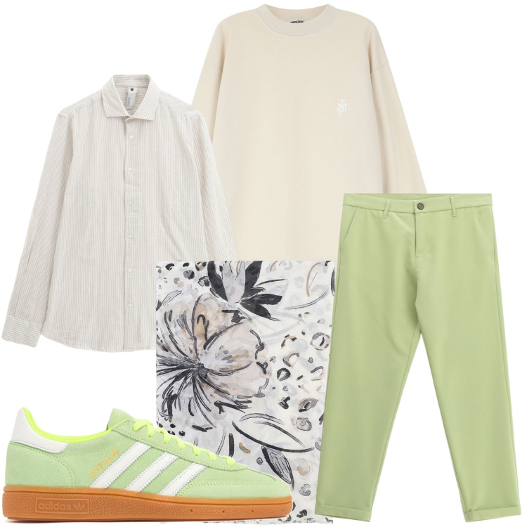 Outfit uomo - Pantaloni pistacchio. Stile Casual per Tutti i giorni. Abbinamento con pantaloni, camicie, felpe, sciarpe e foulard, sneakers.