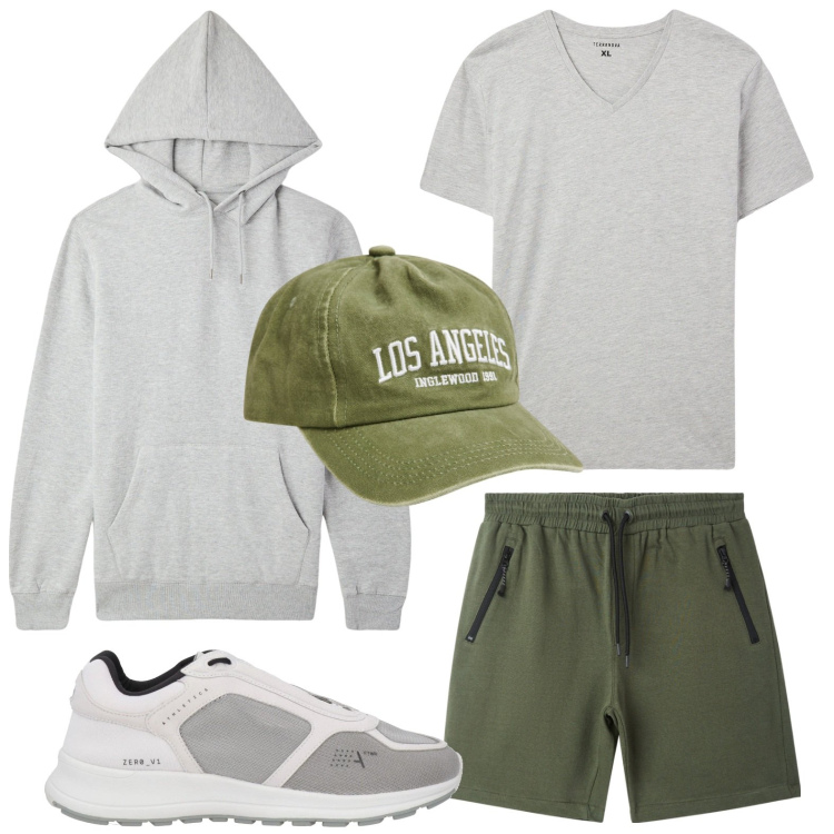 Outfit uomo - Un viaggio a Los Angeles. Stile Casual per Tutti i giorni. Abbinamento con sneakers, bermuda, cappelli, felpe con cappuccio, t-shirt.