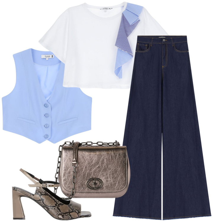 Outfit donna - T-shirt e gilet. Stile Sexy per Serata fuori. Abbinamento con gilet, t-shirt, jeans a zampa, sandali col tacco, borse a tracolla.