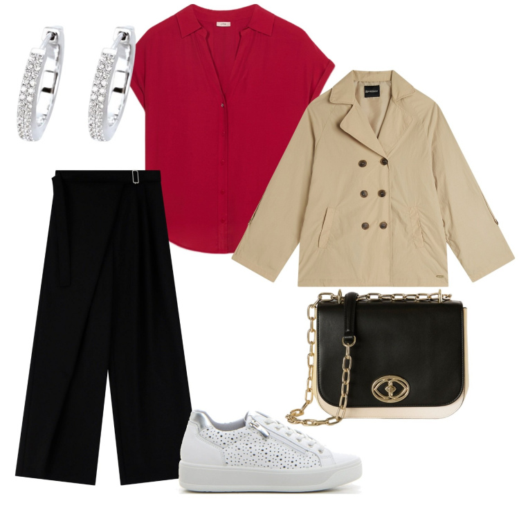 Outfit donna - Semplice. per Tutti i giorni. Abbinamento con orecchini, pantaloni a palazzo, trench, borse a tracolla, camicie a manica corta, sneakers.
