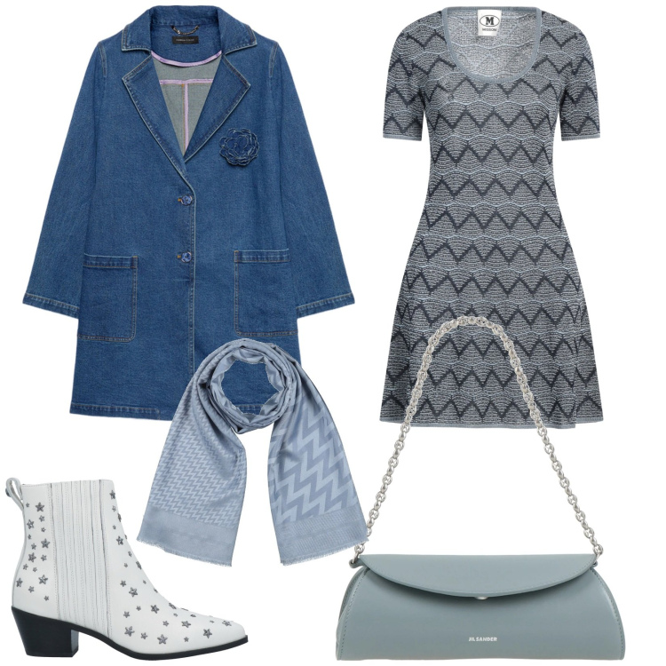 Outfit donna - Denim soft. Stile Vintage retrò per Serata fuori. Abbinamento con vestiti corti, stivaletti chelsea, borse a mano, sciarpe, trench.