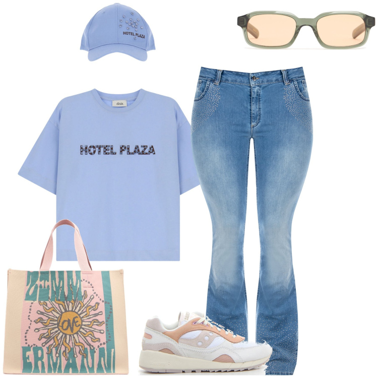 Outfit donna - Il cappellino di giorno. Stile Sporty chic per Tutti i giorni. Abbinamento con t-shirt, jeans a zampa, sneakers, shopping bag, occhiali da sole.
