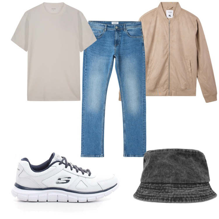 Outfit uomo - Total look #2166169. Stile Casual per Tutti i giorni. Abbinamento con bomber, jeans dritti, cappelli, t-shirt, sneakers.