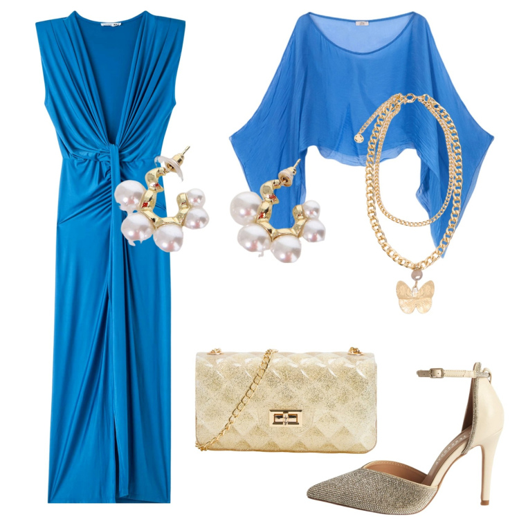 Outfit donna - Azzurro cielo. Stile Chic per Cerimonia. Abbinamento con décolleté, vestiti lunghi, borse a tracolla, orecchini, collane, bolero.
