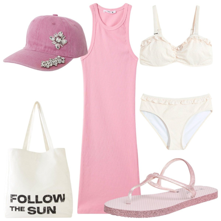 Outfit donna - Total look #2166174. Stile Sporty chic per Mare. Abbinamento con shopping bag, bikini, vestiti corti, sandali, cappelli.