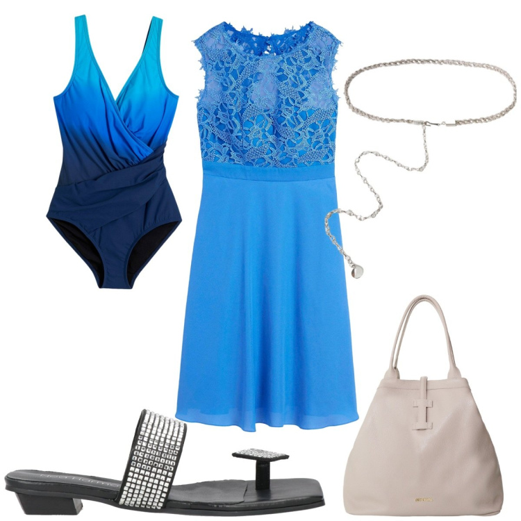 Outfit donna - Total look #2166175. Stile Trendy per Mare. Abbinamento con vestiti corti, costumi interi, ciabatte, borse tote, cinture.