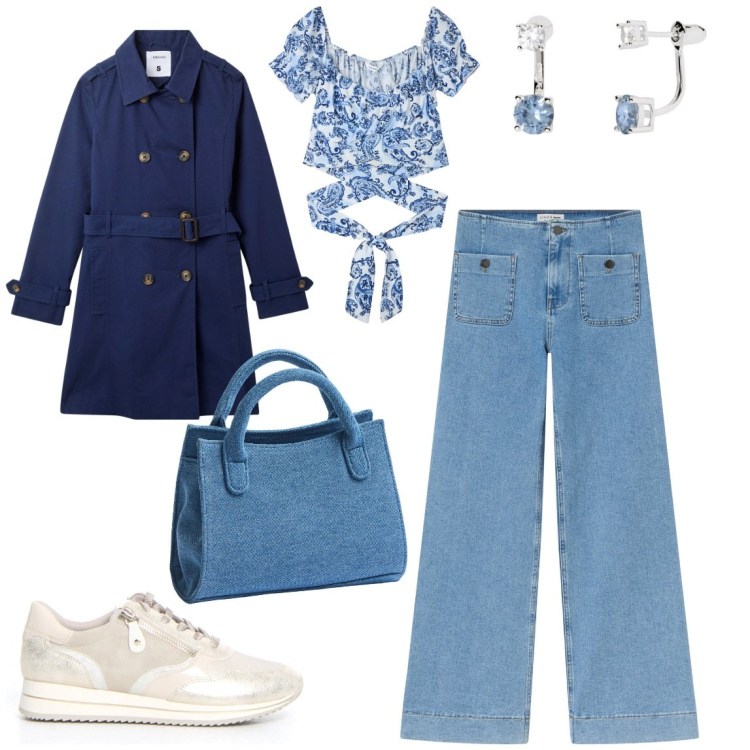 Outfit donna - Celeste di Giorno. Stile Casual chic per Tutti i giorni. Abbinamento con jeans, bluse, trench, borse a tracolla, orecchini, sneakers.