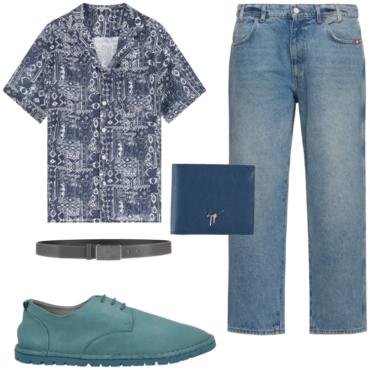 Outfit uomo - Total look da lavoro. Stile Casual per Tutti i giorni. Abbinamento con cinture, scarpe stringate, portafogli, camicie a manica corta, jeans.