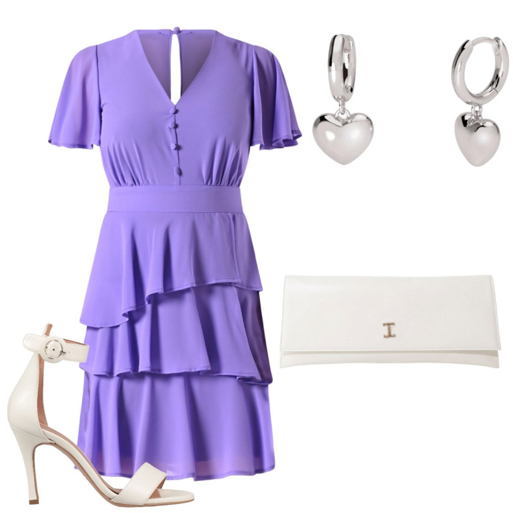 Outfit donna - Le balze sull\'abito lavanda. Stile Romantica per Cerimonia. Abbinamento con sandali in pelle, vestiti corti, orecchini, pochette.