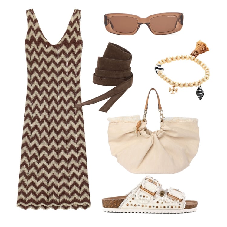 Outfit donna - Aria d’estate in città. Stile Etnico per Tutti i giorni. Abbinamento con braccialetti, vestiti midi/longuette, cinture, sandali, borse a mano, occhiali da sole.