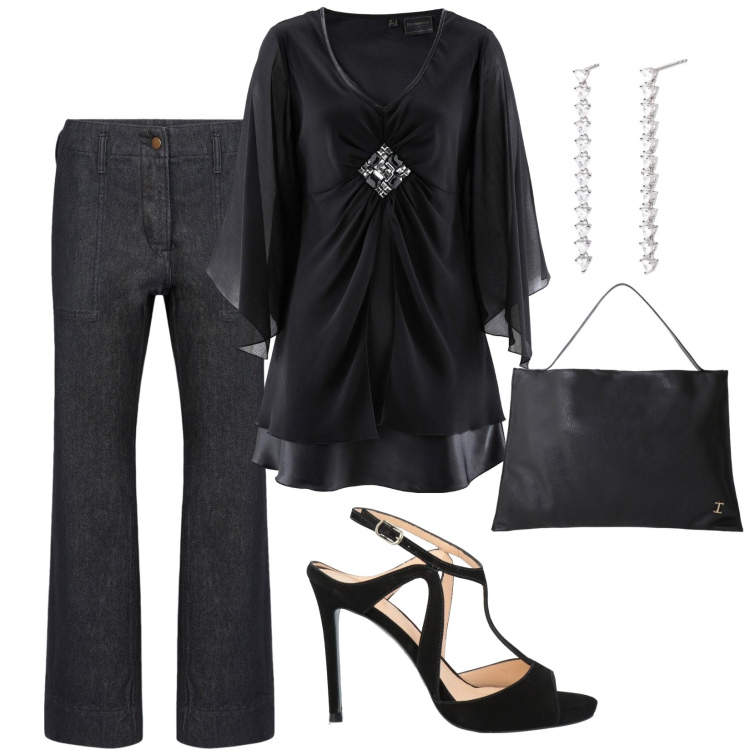 Outfit donna - Tunica chic. Stile Chic per Serata fuori. Abbinamento con tuniche, sandali in pelle, orecchini, borse a spalla, pantaloni.