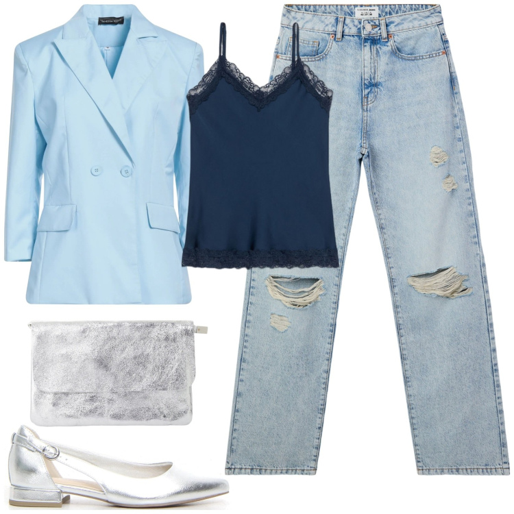 Outfit donna - Pranzo con le amiche. Stile Casual chic per Tutti i giorni. Abbinamento con blazer, jeans strappati, borse a tracolla, ballerine, top.