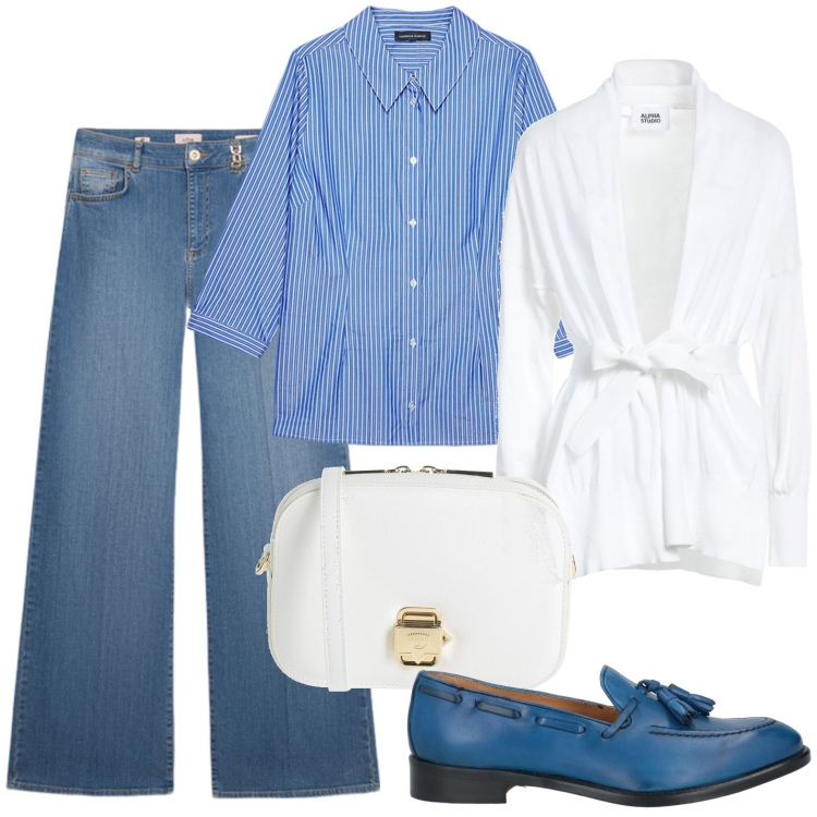 Outfit donna - Total look #2166266. Stile Mannish per Ufficio. Abbinamento con cardigans, mocassini, borse a tracolla, camicie, jeans.