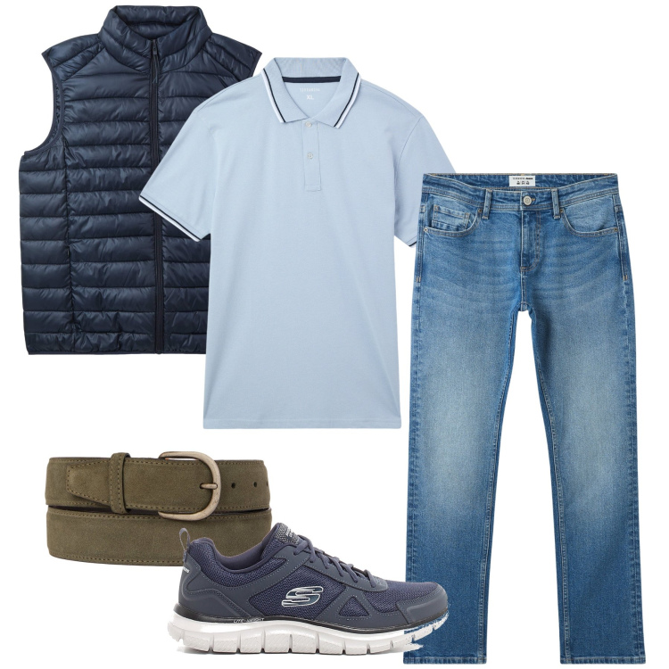 Outfit uomo - Se piove. Stile Casual per Tutti i giorni. Abbinamento con piumini, jeans, polo, sneakers, cinture.