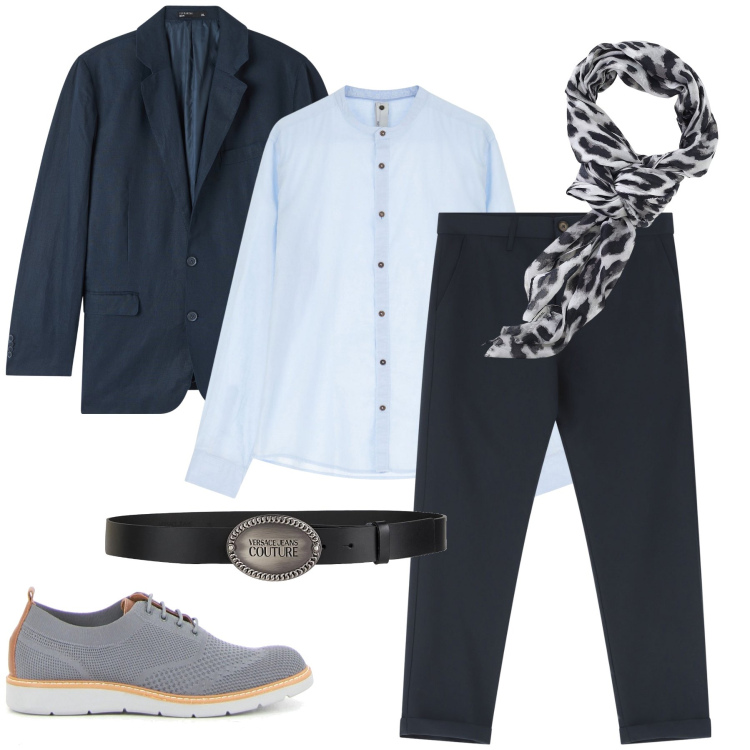 Outfit uomo - Elegante in blu. Stile Business/Elegante per Serata speciale. Abbinamento con cinture, giacche, pantaloni chino, camicie, sciarpe e foulard, scarpe stringate.
