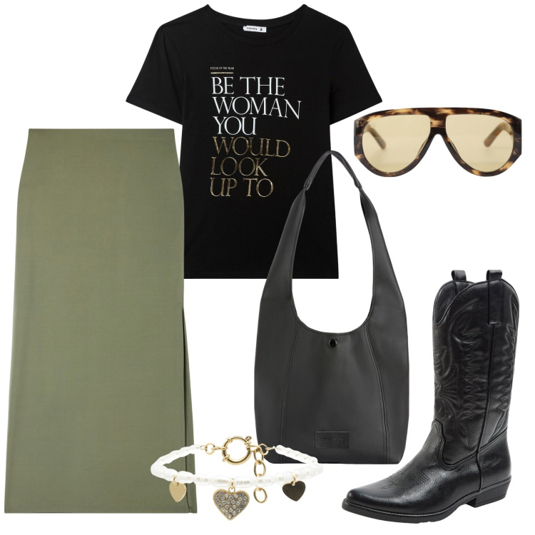 Outfit donna - Un look personale. Stile Military per Scuola/Università. Abbinamento con gonne lunghe, t-shirt, stivali, occhiali da sole, borse a spalla, braccialetti.