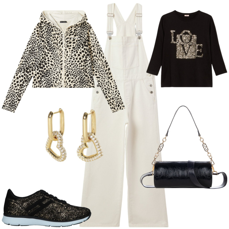 Outfit donna - Serata evento glamour. Stile Glamour per Serata fuori. Abbinamento con sneakers, salopette, orecchini, borse a mano, felpe con cappuccio, t-shirt.