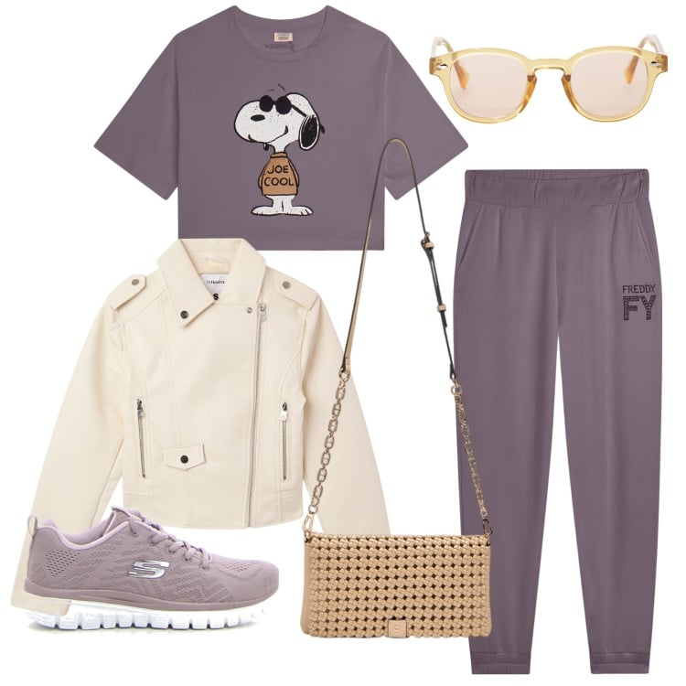 Outfit donna - Comics. Stile Casual per Tutti i giorni. Abbinamento con giacche, occhiali da sole, pantaloni, t-shirt, sneakers, clutch.