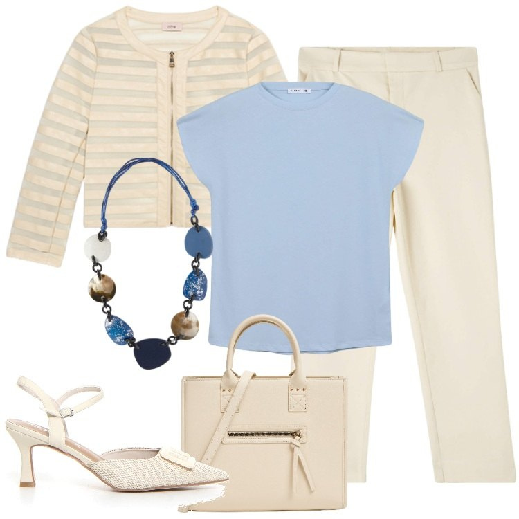 Outfit donna - Cotone celeste. Stile Chic per Tutti i giorni. Abbinamento con t-shirt, pantaloni chino, shopping bag, blazer, sandali col tacco, collane.