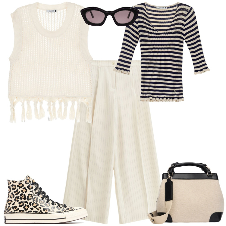 Outfit donna - Bianco e nero trendy ufficio tempo liber. Stile Trendy per Ufficio. Abbinamento con occhiali da sole, pantaloni a palazzo, pullovers, maglieria, sneakers, borse a mano.