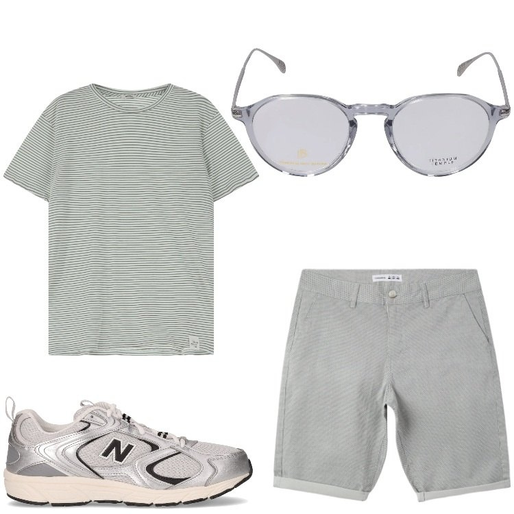 Outfit uomo - Modalita´ sole. Stile Casual per Tutti i giorni. Abbinamento con pantaloni corti, t-shirt, occhiali da sole, sneakers.