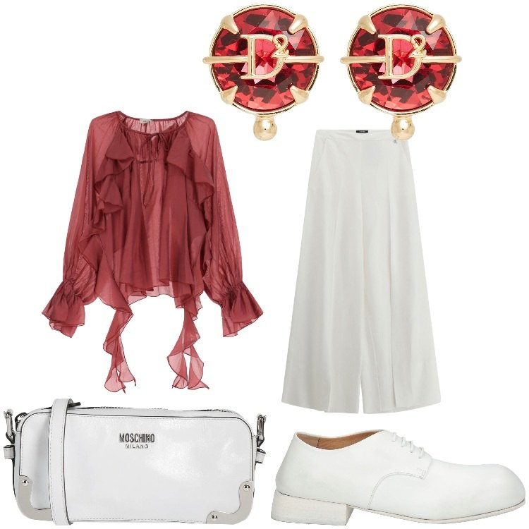 Outfit donna - Una bella camicia. Stile Casual chic per Serata fuori. Abbinamento con orecchini, borse a tracolla, scarpe stringate, pantaloni a palazzo, camicie.