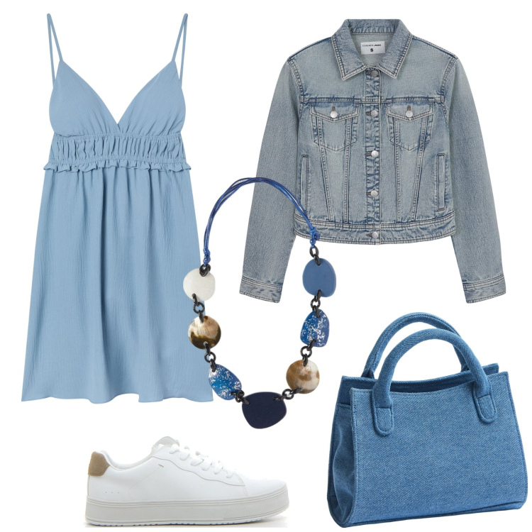 Outfit donna - Celeste, etereo e trendy. Stile Trendy per Tutti i giorni. Abbinamento con blazer, borse a tracolla, vestiti corti, collane, sneakers.
