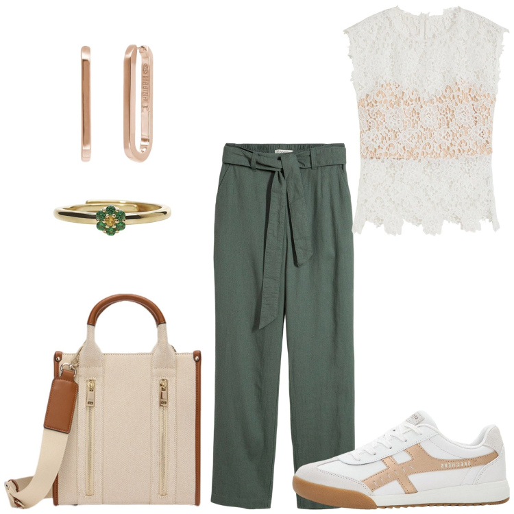 Outfit donna - Verde/bianco. Stile Sporty chic per Tutti i giorni. Abbinamento con top, pantaloni, sneakers, orecchini, anelli, borse tote.