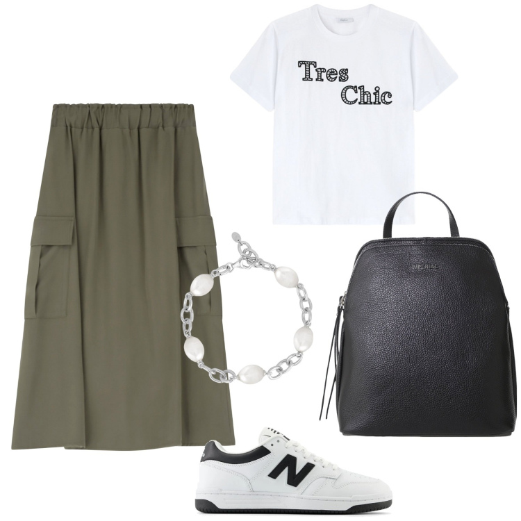 Outfit donna - La t-shirt "salvavita". Stile Casual chic per Tutti i giorni. Abbinamento con braccialetti, sneakers, gonne lunghe, zaini, t-shirt.