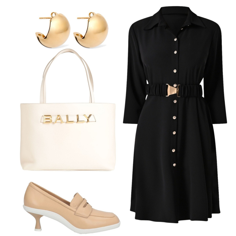 Outfit donna - Abito nero con dettagli in beige. Stile Romantica per Tutti i giorni. Abbinamento con mocassini, borse a mano, vestiti chemisier, orecchini.